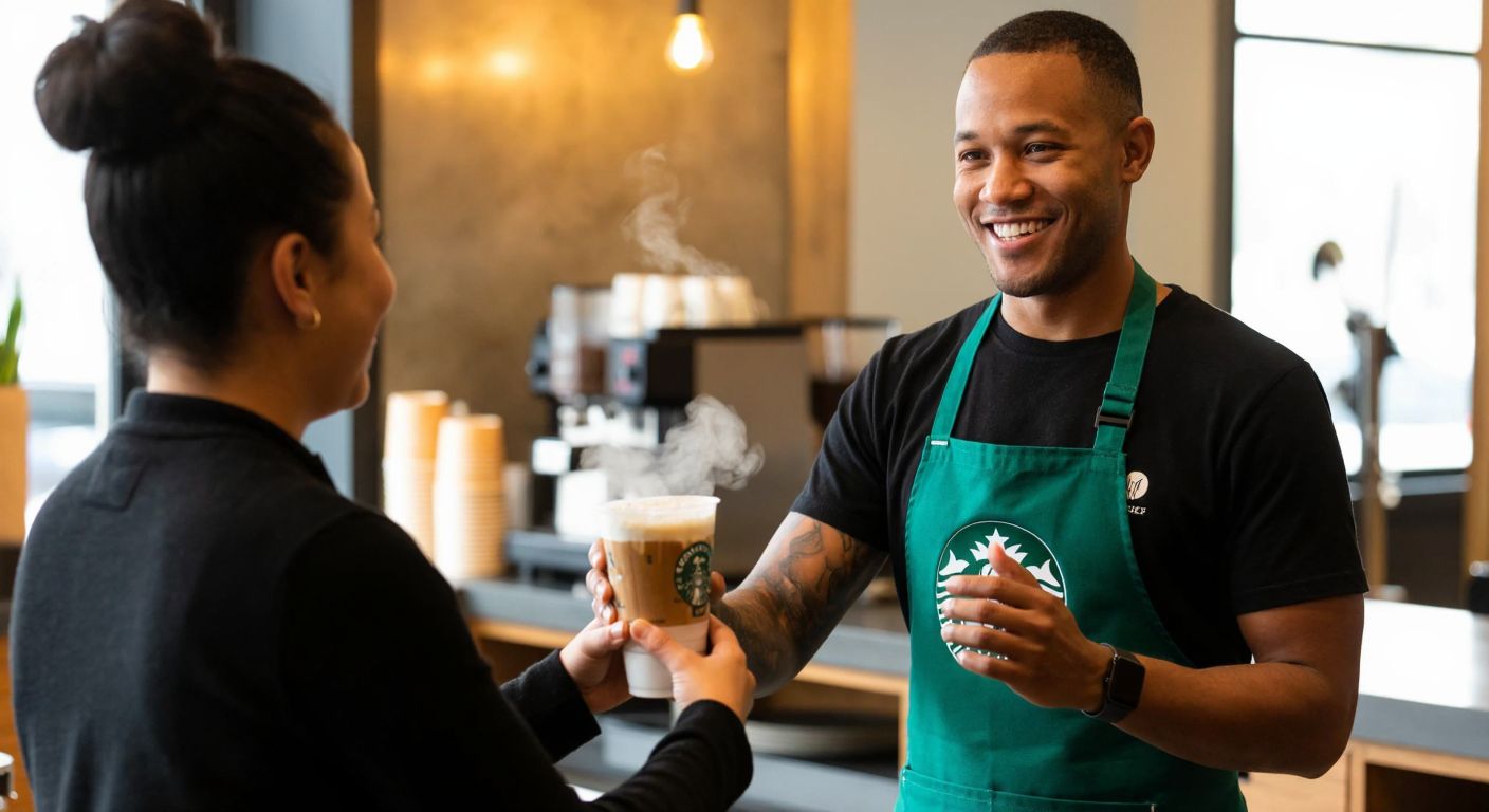 A smiling barista in a green Starbucks apron hands a steaming tall coffee cup to a delighted customer in a cozy café with warm lighting and wooden accents.