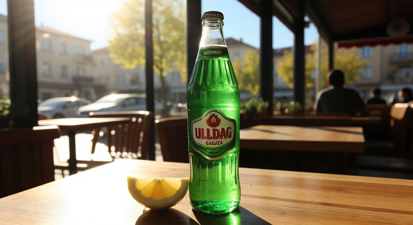 A chilled 1.5-liter glass bottle of Uludağ Gazoz sits on a sunlit wooden table in a Turkish café, condensation dripping down its green label, with a single slice of lemon beside it.