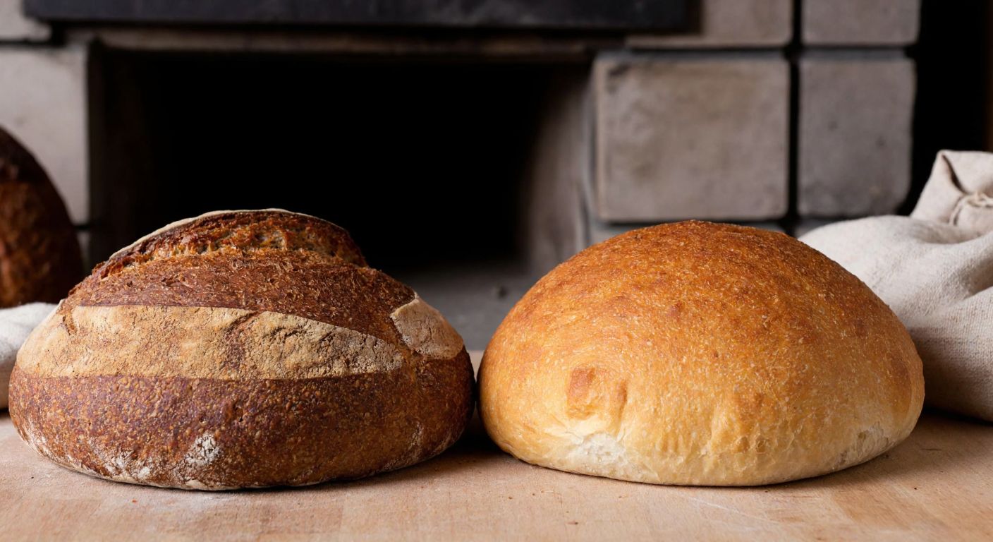 Two rustic loaves of bread side by side on a wooden table, one slightly darker with a thicker crust (Vakfıkebir) and the other lighter with a softer texture (Trabzon), surrounded by flour sacks and a traditional stone oven in the background.