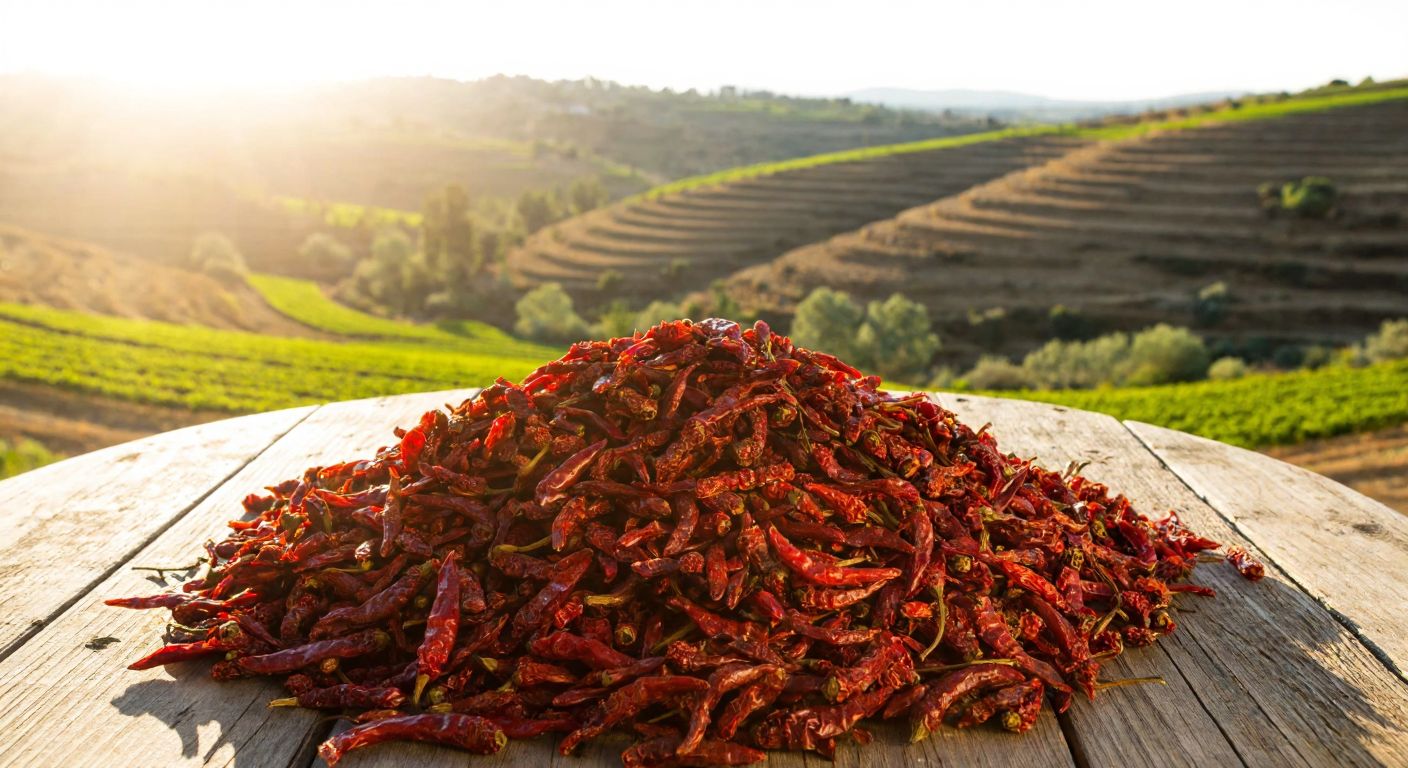A vibrant red pile of dried isot peppers on a rustic wooden table, with golden sunlight streaming through a window overlooking the terraced fields of Şanlıurfa.
