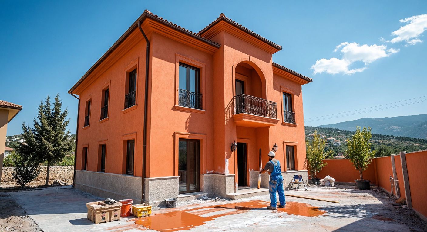 A sunlit Turkish house with freshly painted terracotta-colored walls, surrounded by a worker in overalls carefully applying paint with a roller, while another inspects the smooth finish under a clear blue sky.