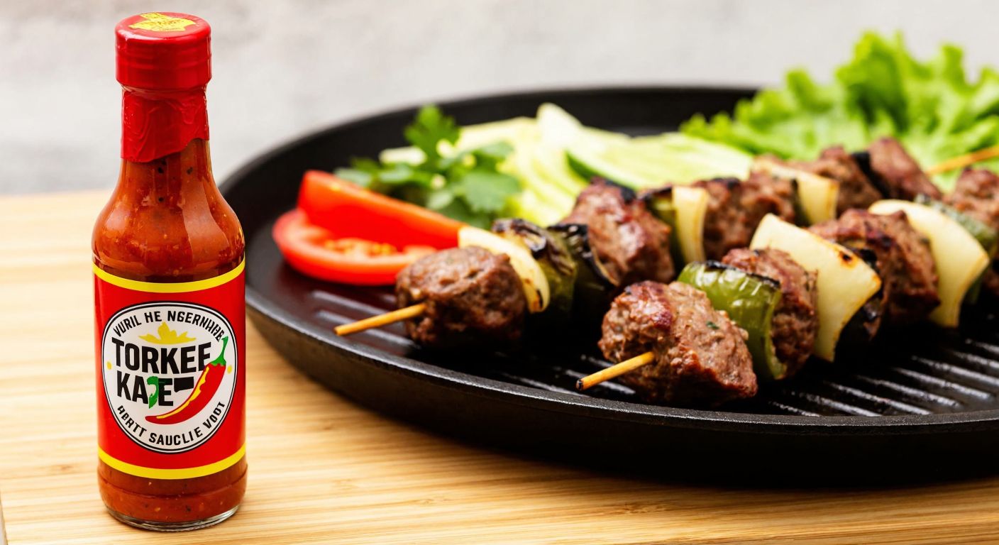 A vibrant red hot sauce bottle with a bold label, placed on a wooden table beside a sizzling plate of spicy Turkish kebabs and fresh vegetables, evoking warmth and flavor.