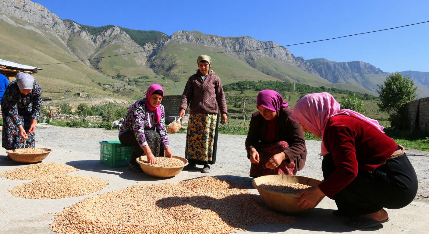 A group of women in traditional Turkish rural attire sorting dried beans in a sunlit village courtyard surrounded by the rugged mountains of Tunceli.