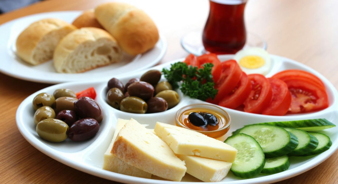 A colorful Turkish breakfast spread on a wooden table, featuring fresh bread, olives, cheese, tomatoes, cucumbers, honey, and boiled eggs, with a steaming cup of çay in the background.