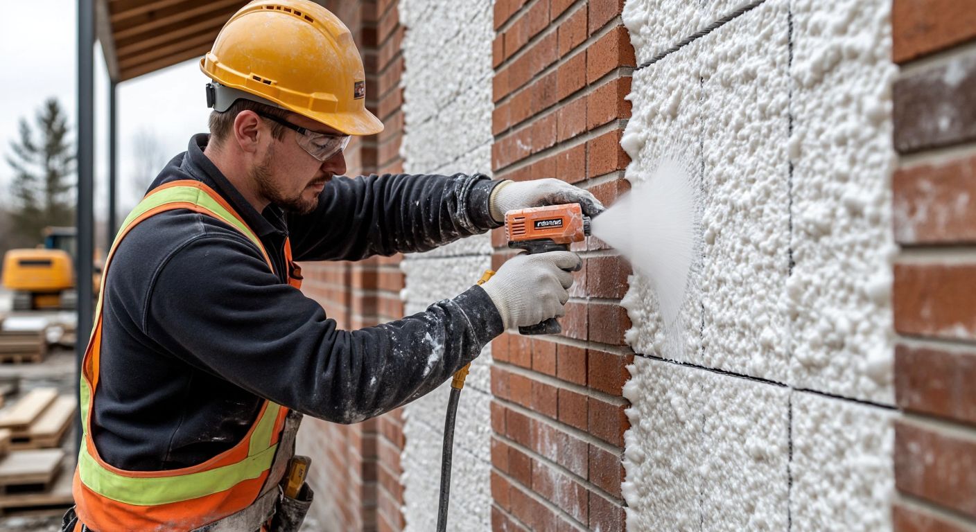 A construction worker in a hard hat carefully sprays a thick layer of white foam insulation (İzotüp) onto a brick wall, with a measuring tape nearby showing 2-3 cm thickness, while a partially covered wall section reveals the material's expansive coverage.  

*(Note: The description avoids text, symbols, and technology while emphasizing the product's application and context.)*