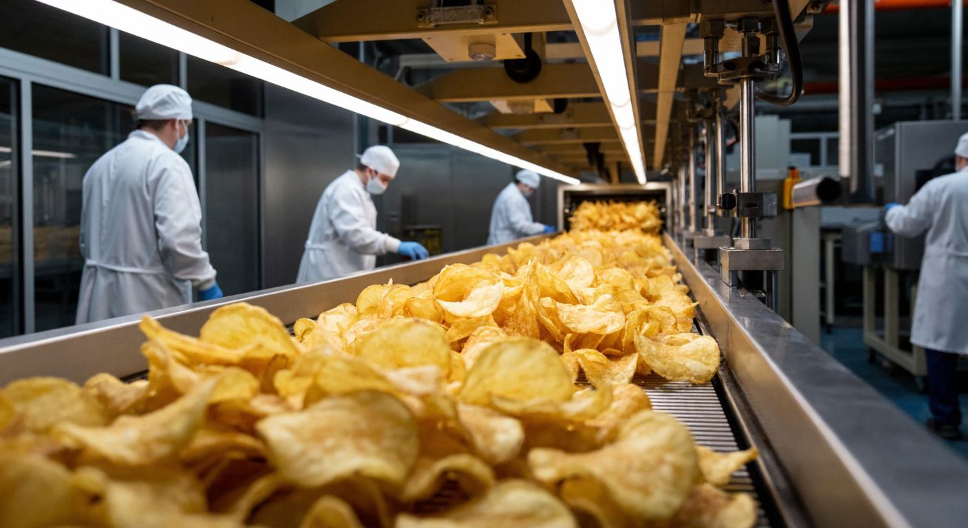 A modern factory conveyor belt with golden crispy potato chips moving under bright lights, surrounded by workers in white coats inspecting them, while a large machine with lenses scans the chips for imperfections.