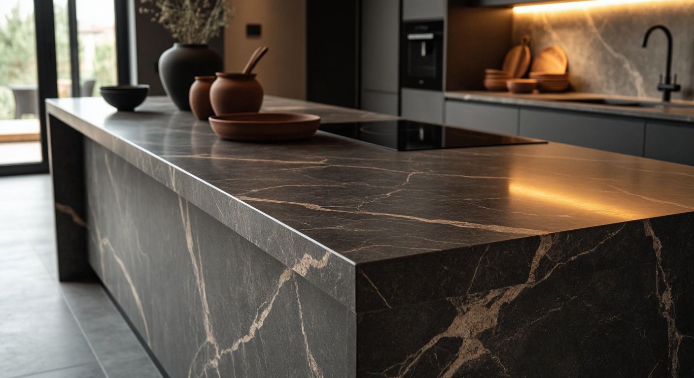 A sleek, dark marble kitchen countertop with subtle veining, set in a modern Turkish home with warm lighting and traditional ceramic dishes nearby.