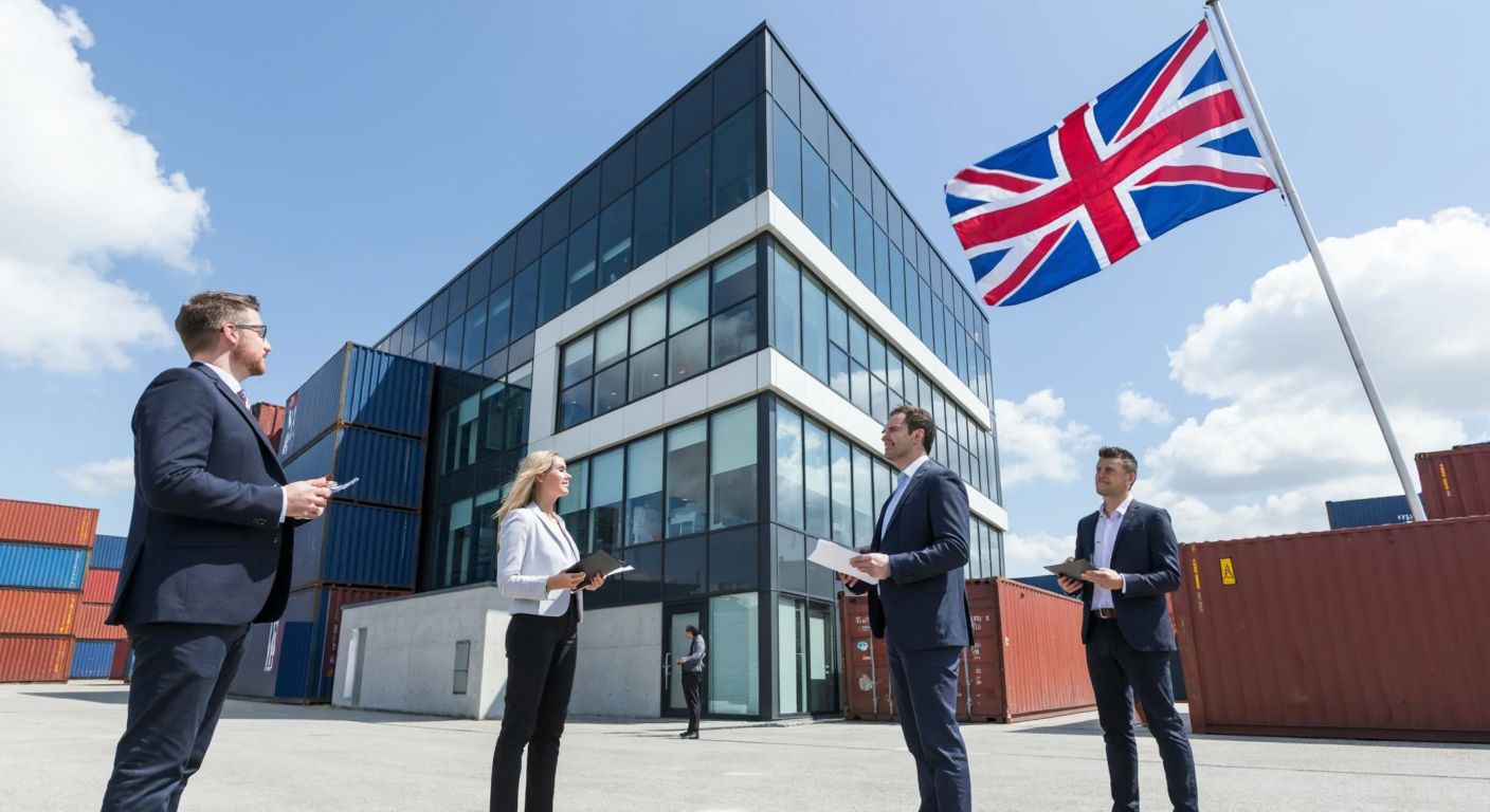 A modern office building in Southampton with a British flag flying outside, surrounded by professionals in business attire discussing documents, with a backdrop of shipping containers symbolizing international trade.