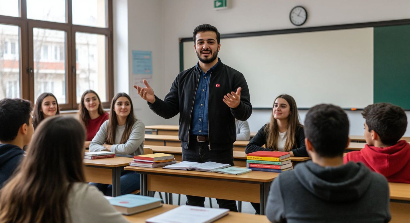 A confident Turkish instructor in a bright classroom gestures enthusiastically while teaching a diverse group of attentive students, with books and certificates neatly arranged on a wooden desk beside them.
