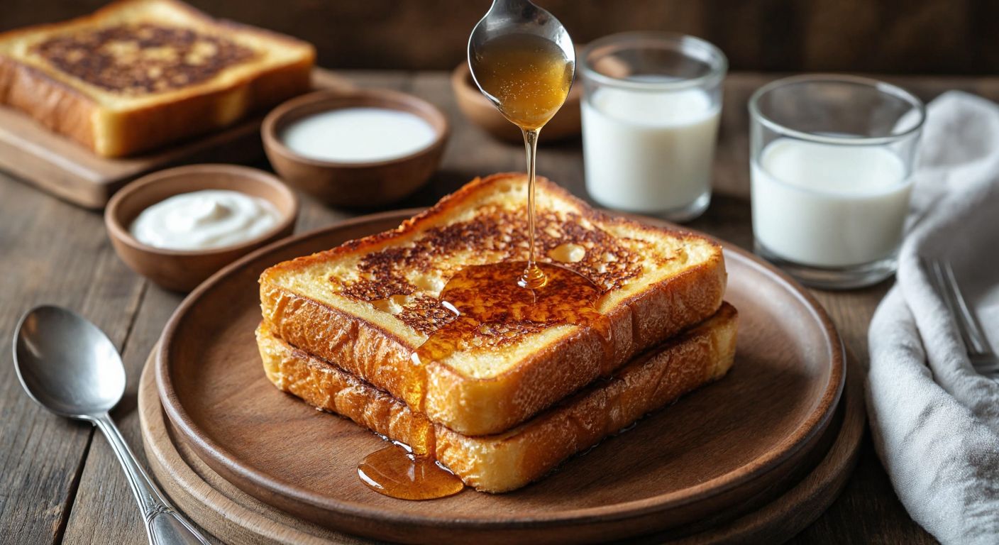 A golden-brown French toast on a rustic wooden plate, drizzled with honey, surrounded by small bowls of almond milk, soy milk, and oat milk, with a glass of water nearby, evoking a cozy Turkish breakfast setting.