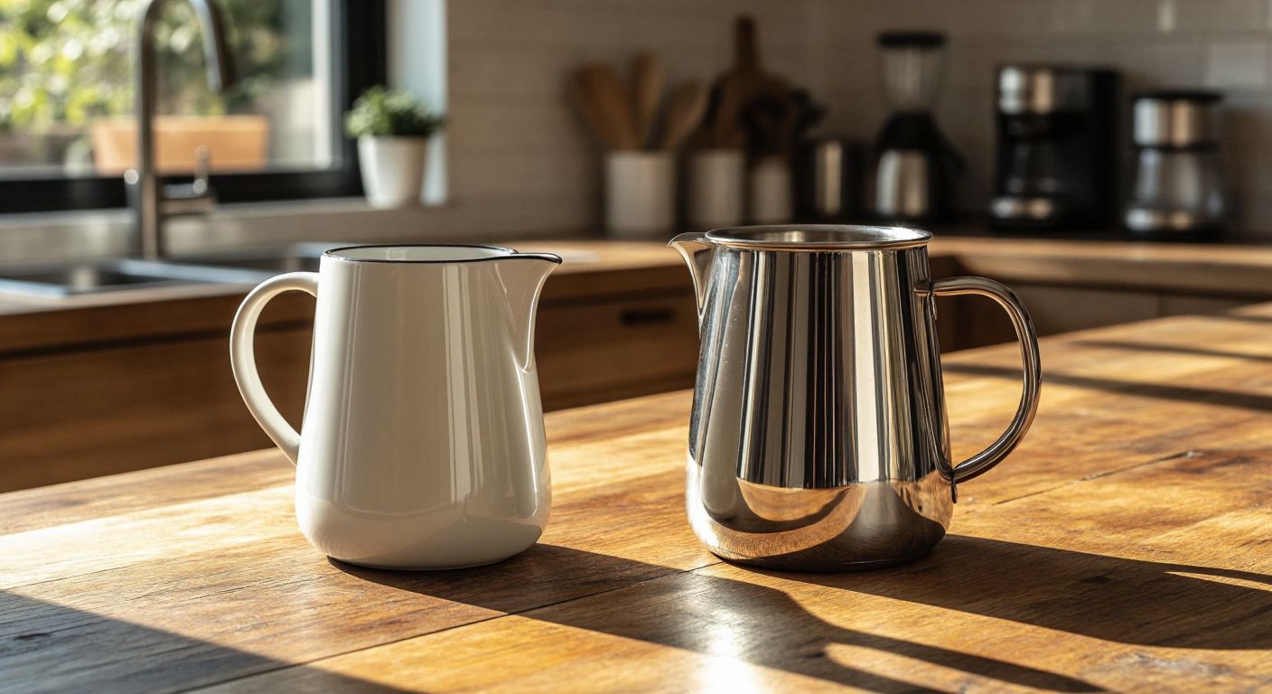 A gleaming stainless steel milk frother with a sleek ergonomic design sits beside a creamy white ceramic milk frother with a smooth non-stick surface, both resting on a rustic wooden kitchen counter in warm Turkish sunlight.