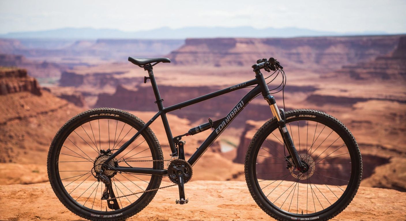 A rugged American mountain bike with sleek black components stands against a backdrop of a vast desert canyon, symbolizing adventure and the brand's origin.