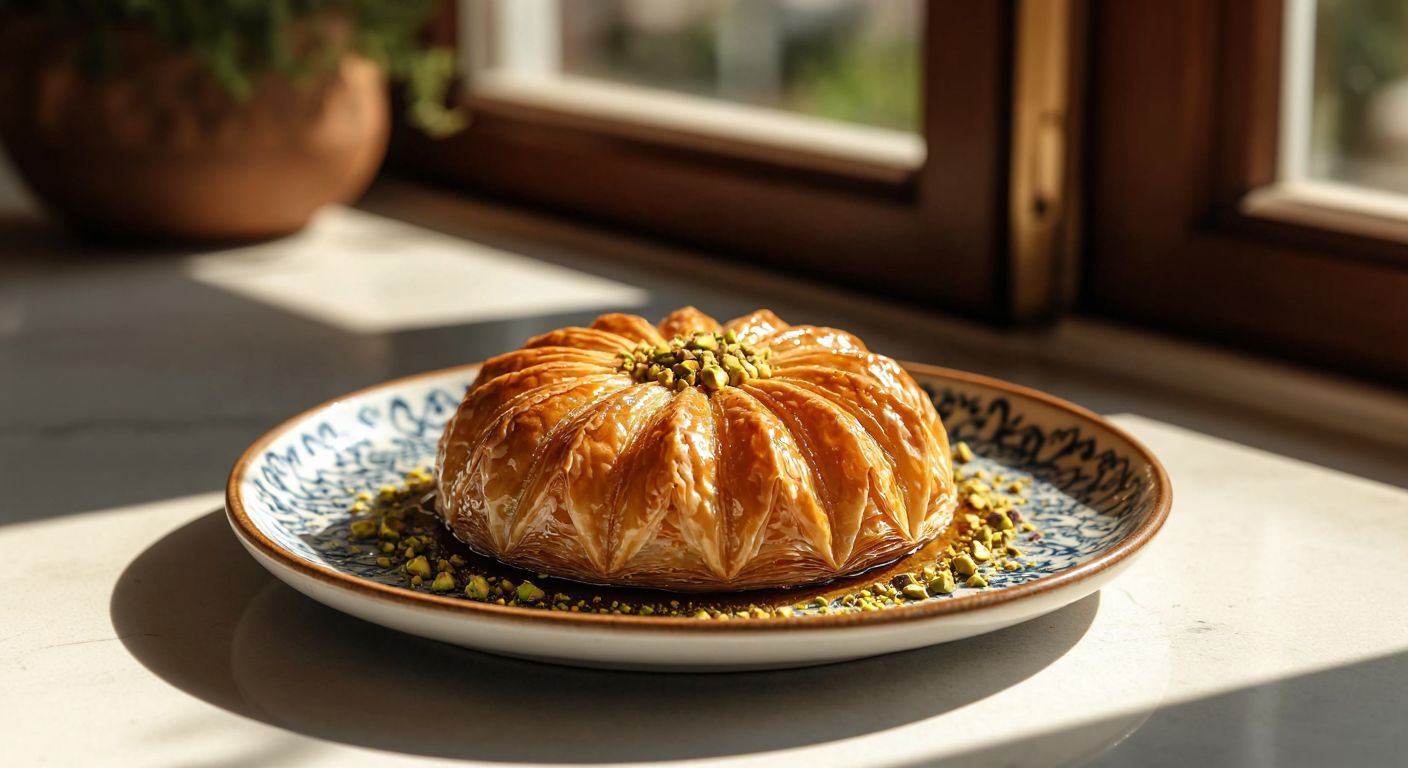 A golden, flaky lotus-shaped baklava sits on a decorative ceramic plate in a sunlit Kütahya bakery, surrounded by pistachio crumbs and a drizzle of syrup.