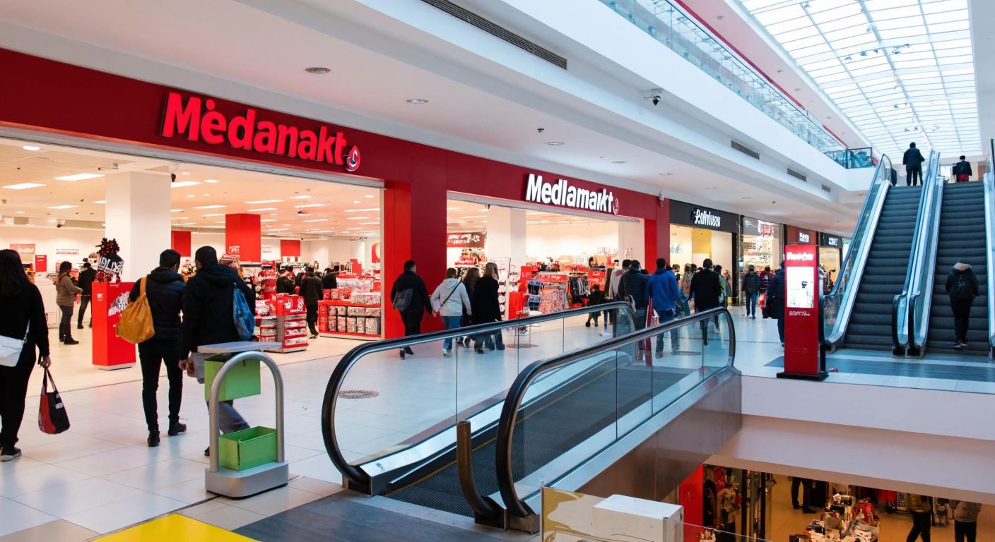 A bustling shopping mall in Konya with a bright MediaMarkt store on the ground floor, shoppers carrying bags and electronics, surrounded by escalators and modern storefronts.