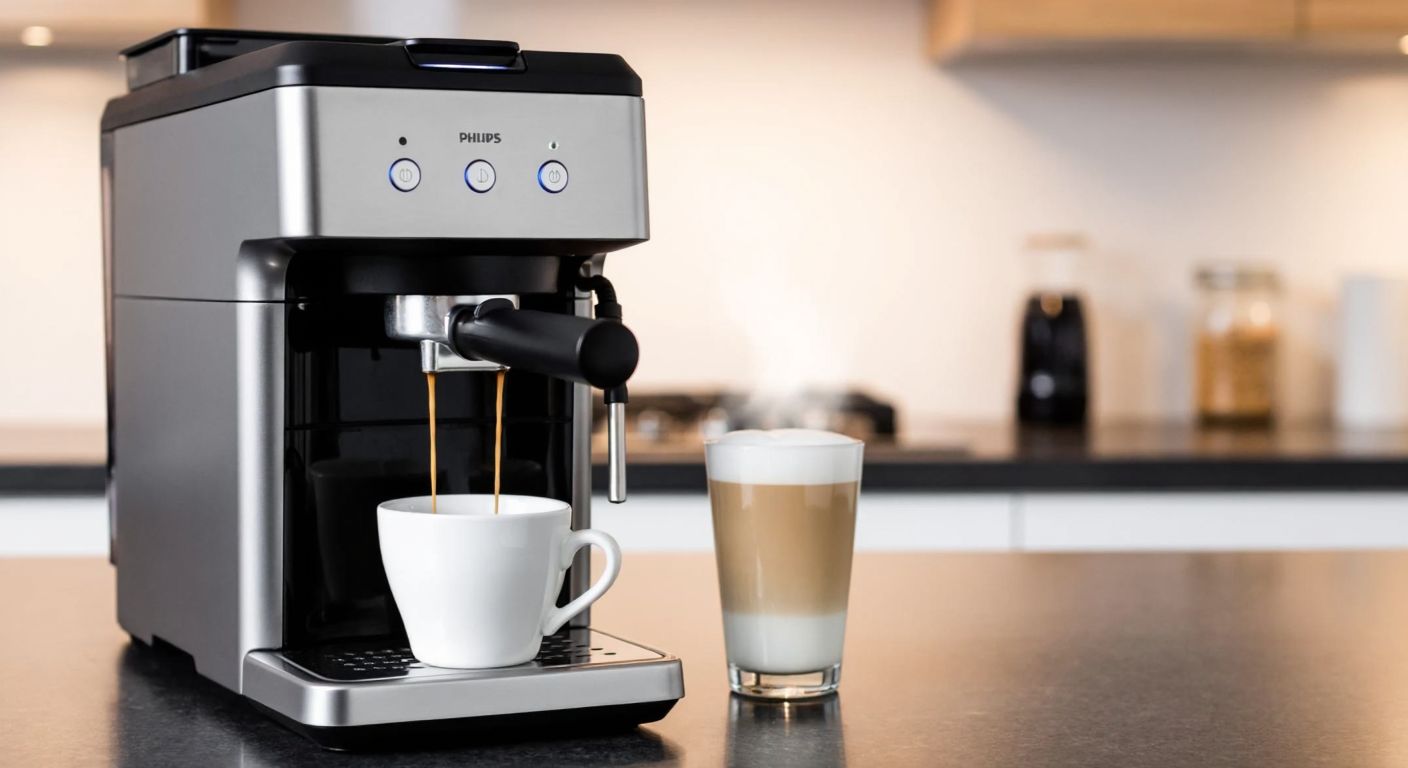 A sleek silver Philips espresso machine sits on a modern kitchen counter, steam rising from its spout as it pours a rich, dark coffee into a small white cup, with a glass of frothy cappuccino beside it.