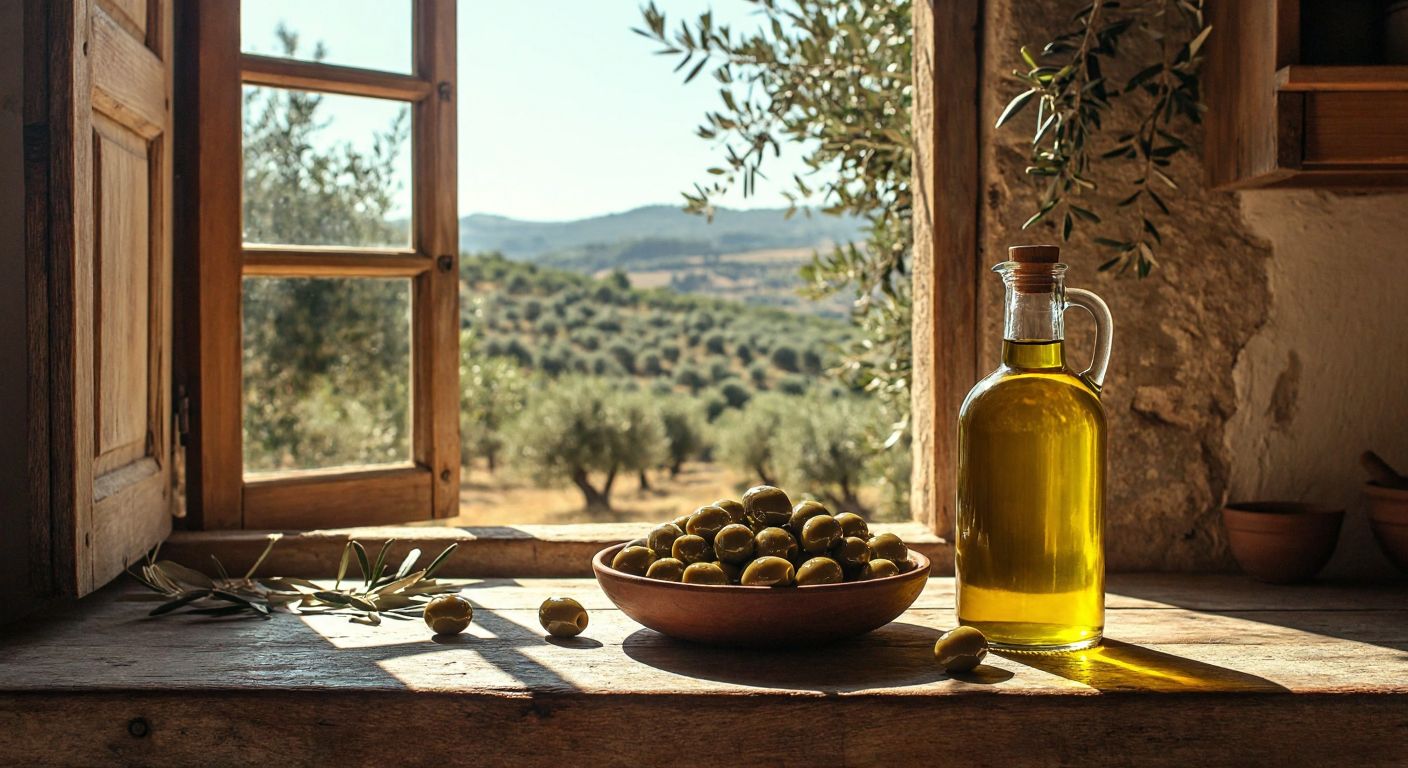 A rustic wooden table in a sunlit Turkish kitchen holds a glass bottle of golden olive oil next to a bowl of fresh olives, with a traditional olive grove visible through an open window.