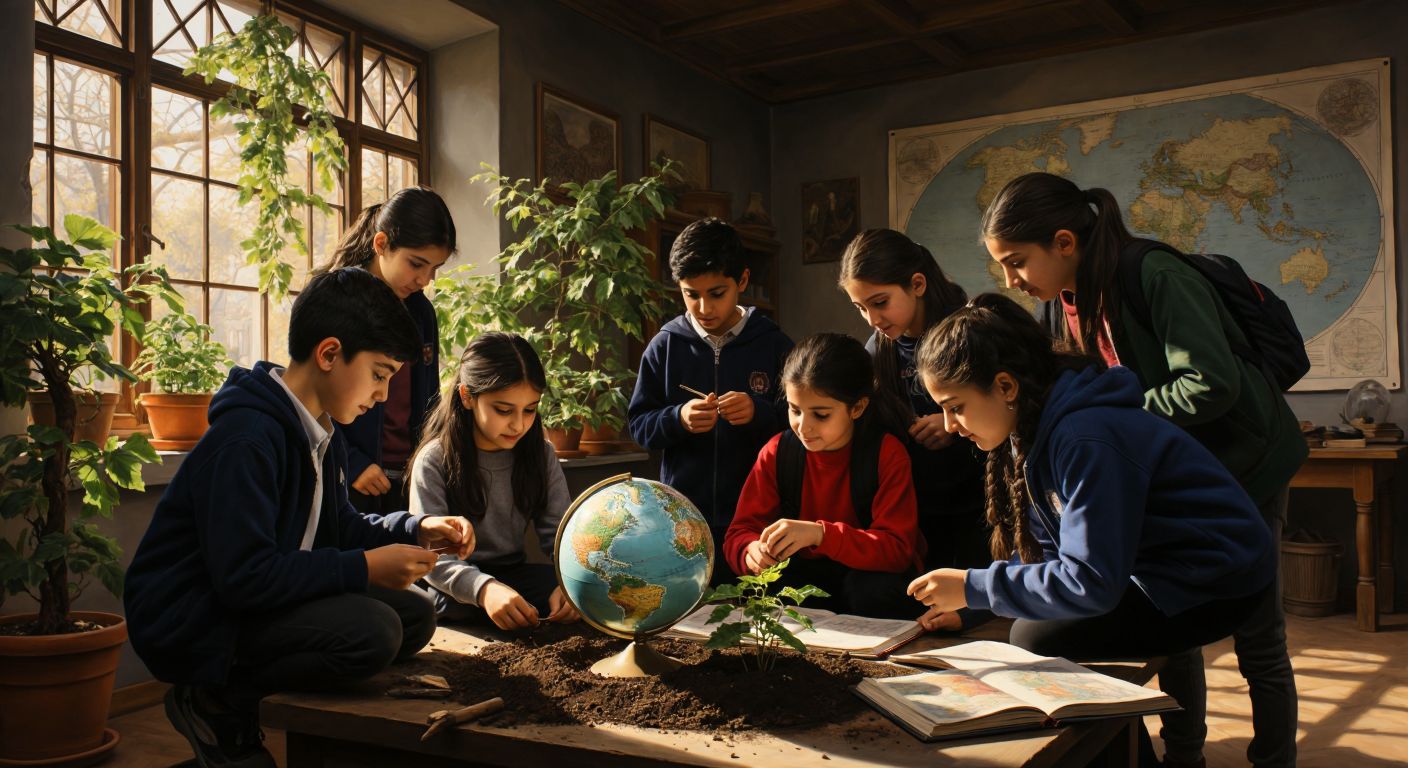 A group of diverse Turkish fifth-grade students engaged in hands-on activities—examining a globe, planting a sapling, and discussing in a sunlit classroom with maps and historical artifacts on the walls.