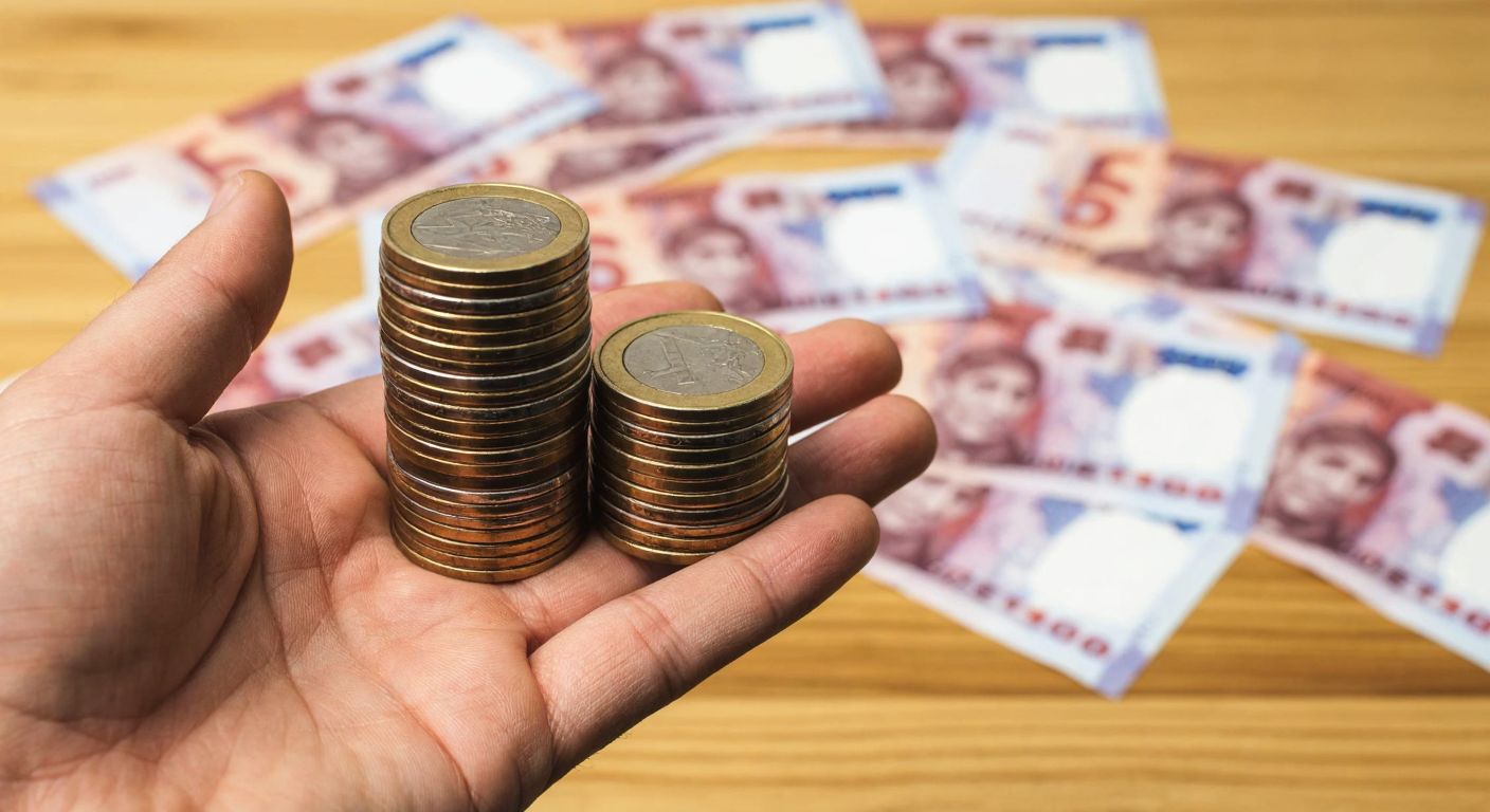A hand holding two stacks of Euro coins—one slightly taller than the other—against a backdrop of Turkish lira banknotes scattered on a wooden table.