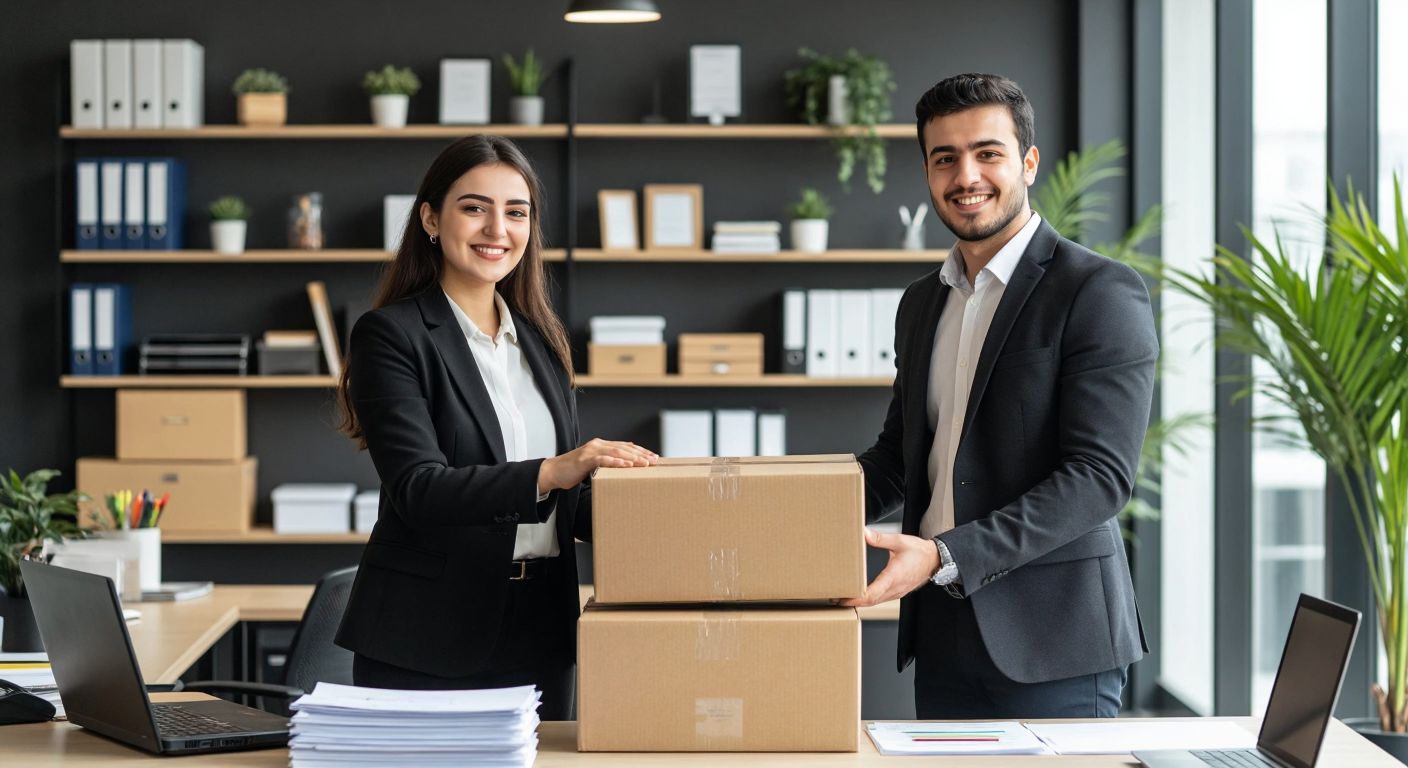 A modern Turkish office with neatly stacked office supplies, a smiling consultant in professional attire assisting a businessperson, and a delivery person handing over a package with efficiency.