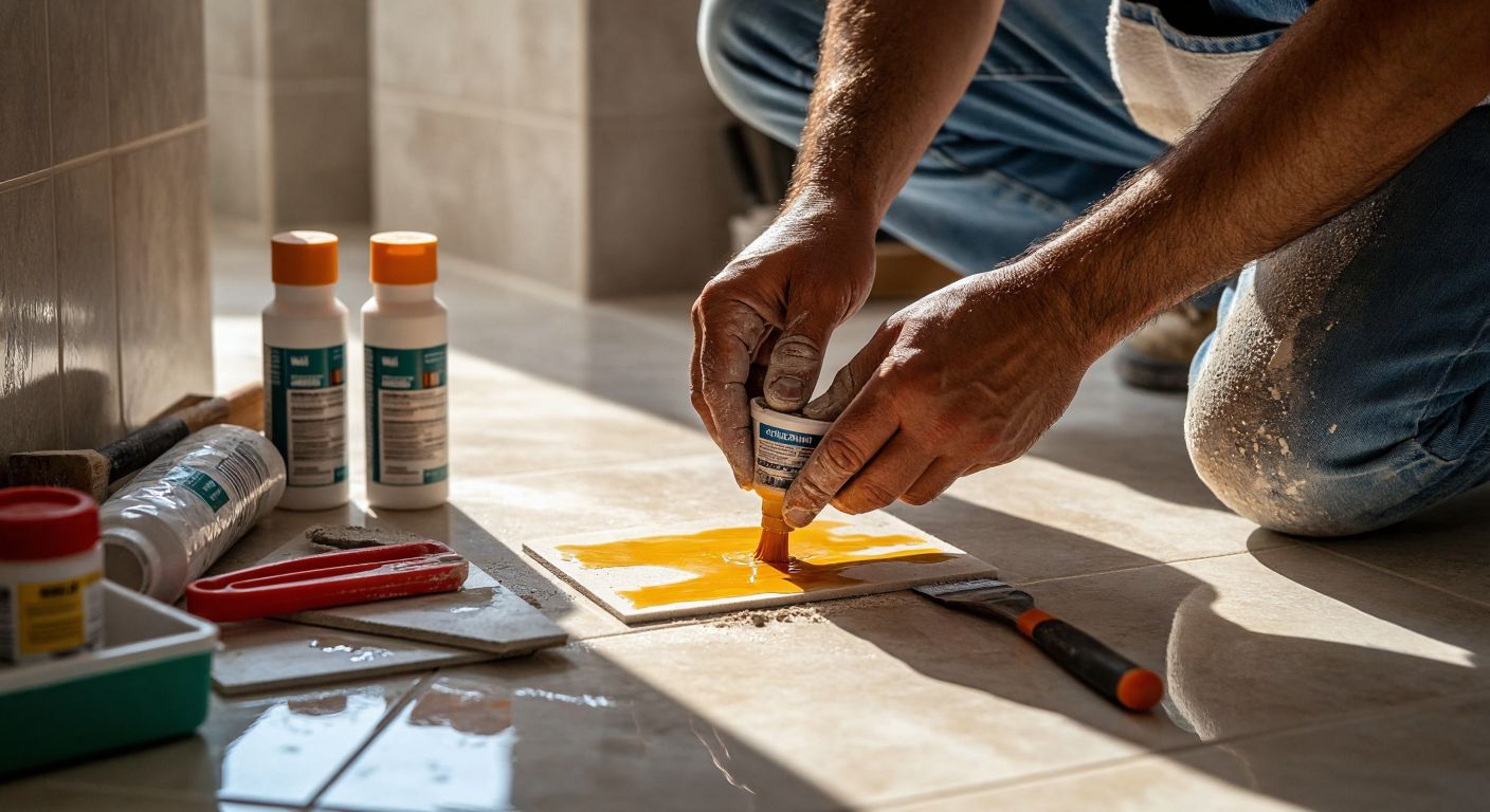 A close-up of a Turkish craftsman’s hands carefully applying silicone grout between ceramic tiles in a sunlit bathroom, with tools and materials like a trowel and epoxy tubes neatly arranged nearby.