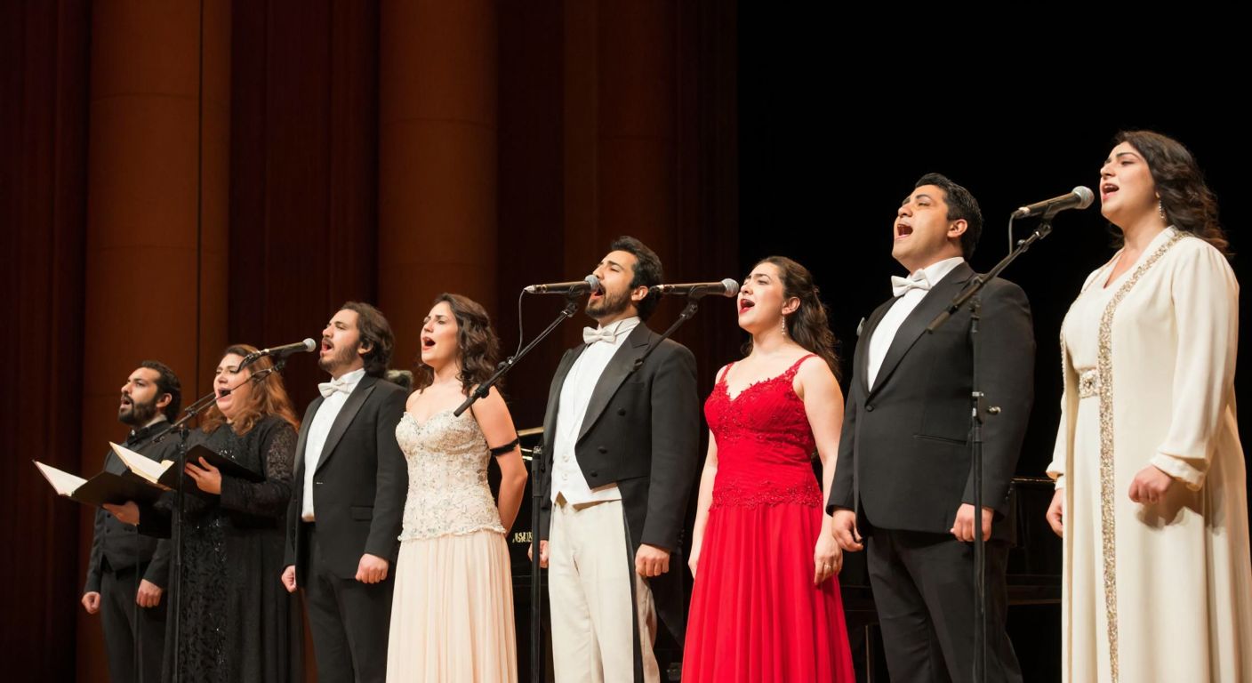 A diverse group of Turkish opera singers standing on a grand stage, their mouths open in mid-performance, with warm stage lights highlighting their expressive faces and traditional formal attire.