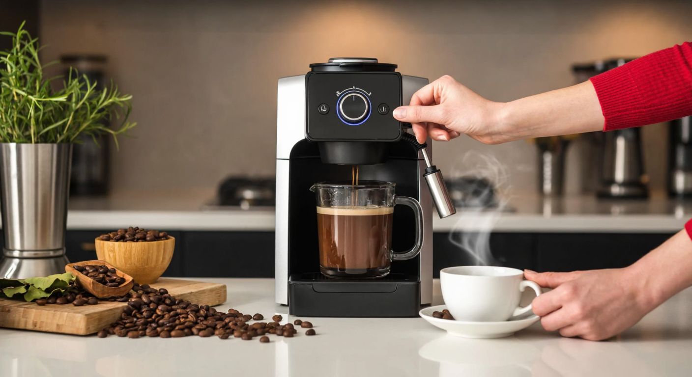 A modern Philips coffee machine with a built-in grinder sits on a Turkish kitchen counter, surrounded by fresh coffee beans and a steaming cup of freshly brewed coffee, while a hand adjusts the grinder's knob for the perfect grind size.