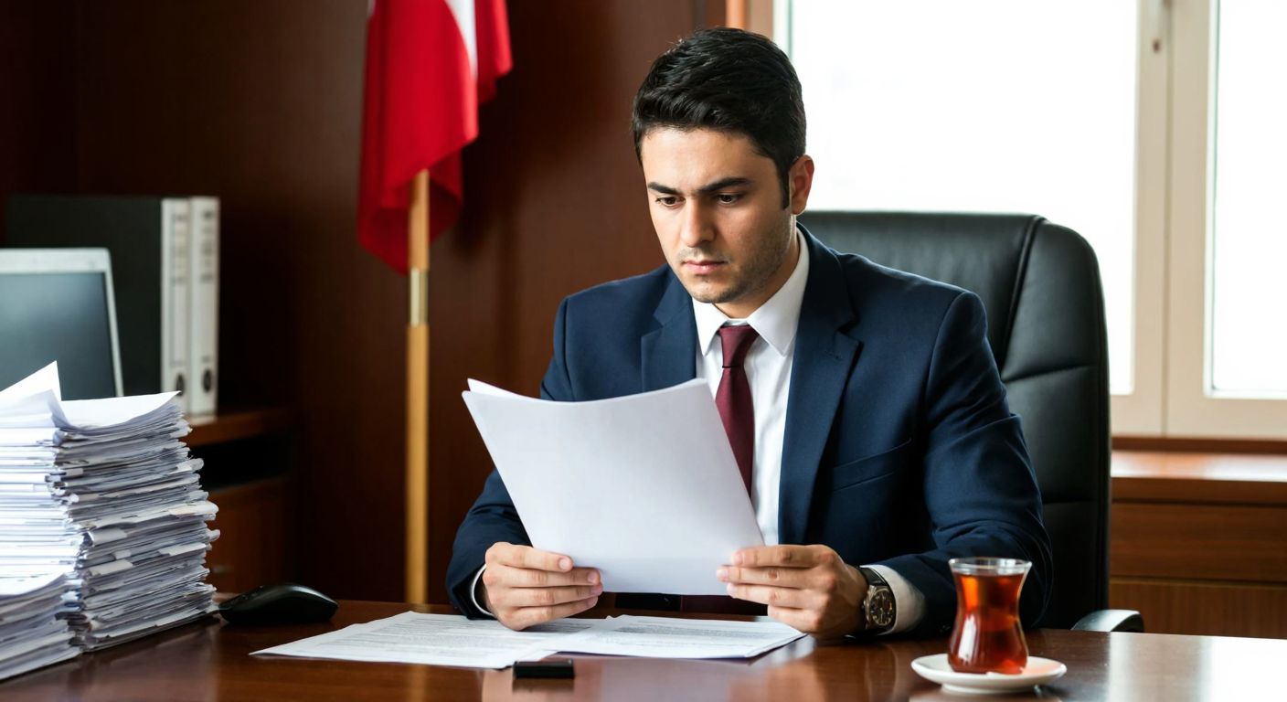 A focused Turkish businessperson in a formal office setting, holding a printed document while looking at a computer screen with a determined expression, surrounded by stacks of paperwork and a steaming cup of Turkish tea.