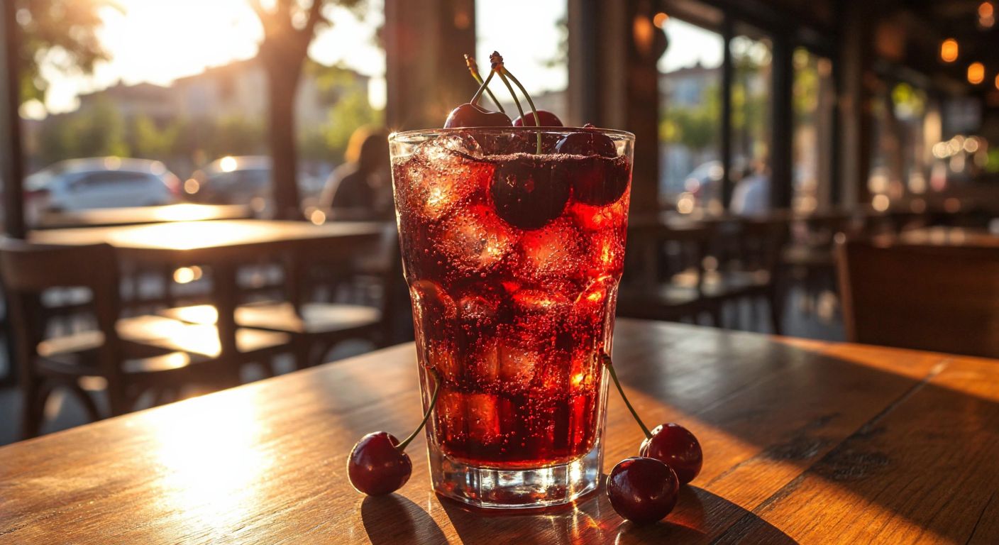 A frosty glass of fizzy cherry cola with a deep red hue, garnished with fresh cherries and condensation droplets, resting on a sunlit wooden table in a Turkish café.