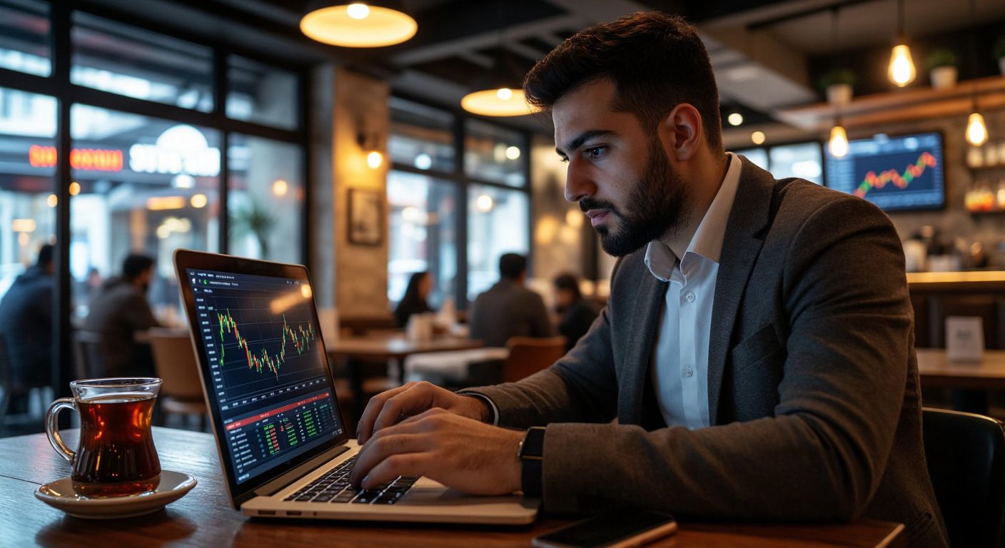 A focused trader in a modern Istanbul café, eyes locked on a laptop screen displaying rapidly changing financial charts, fingers poised over the keyboard with a steaming cup of Turkish coffee beside them, surrounded by the hum of quiet urgency.