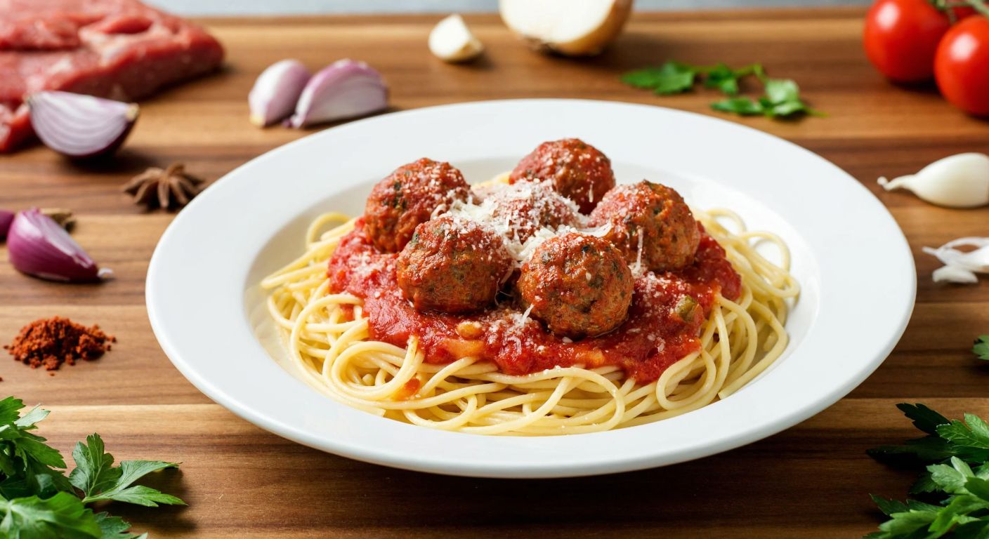 A warm Turkish kitchen with a steaming plate of spaghetti topped with golden-brown meatballs, fresh tomato sauce drizzled over it, and a sprinkle of grated parmesan, surrounded by scattered ingredients like minced meat, onions, garlic, and herbs on a wooden counter.