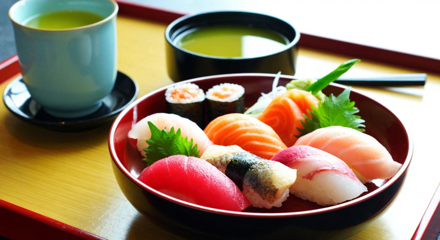 A vibrant plate of colorful sushi rolls with fresh fish and rice, placed on a traditional Japanese wooden tray beside a steaming cup of green tea.