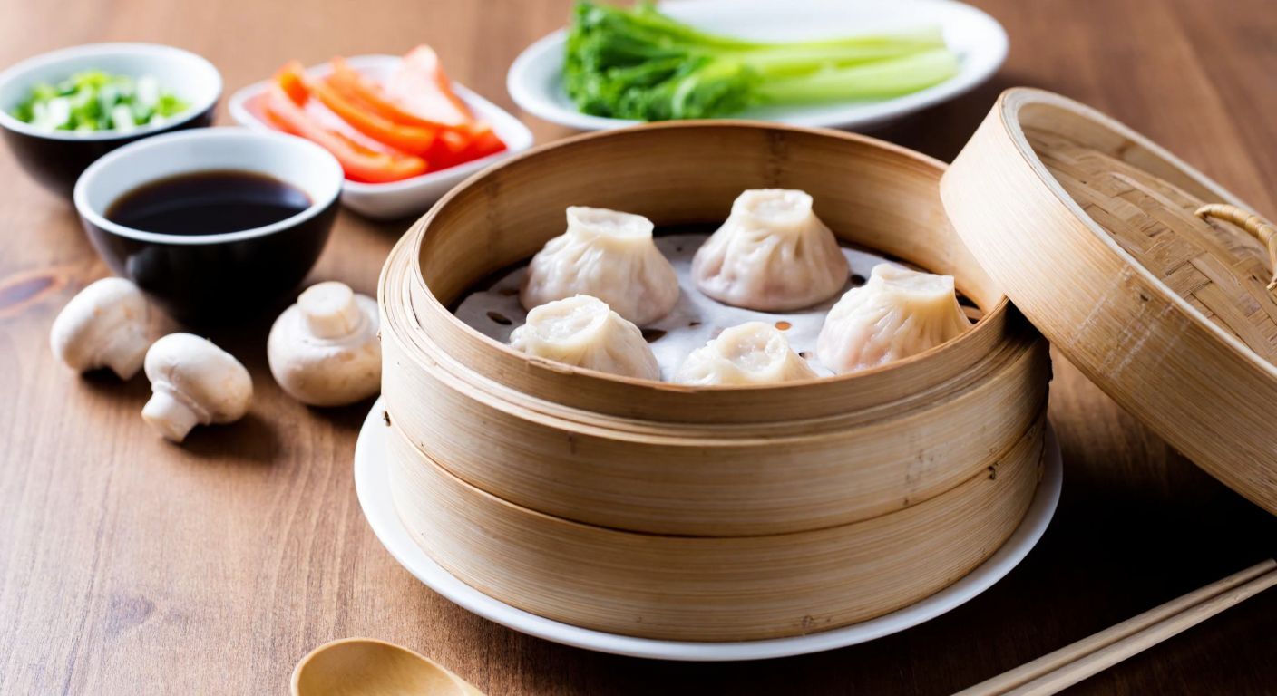 A steaming bamboo basket filled with delicate Chinese dumplings (dim sum) on a wooden table, surrounded by bowls of soy sauce and chili oil, with fresh vegetables and mushrooms scattered nearby.