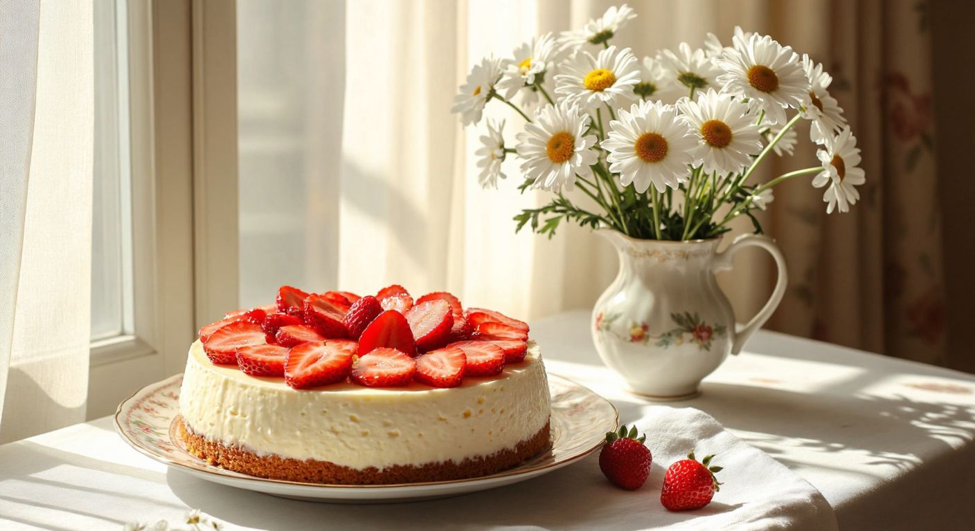 A soft, creamy yogurt cake topped with fresh strawberry slices, placed on a delicate porcelain plate beside a vase of white daisies in a sunlit Turkish hospital room.