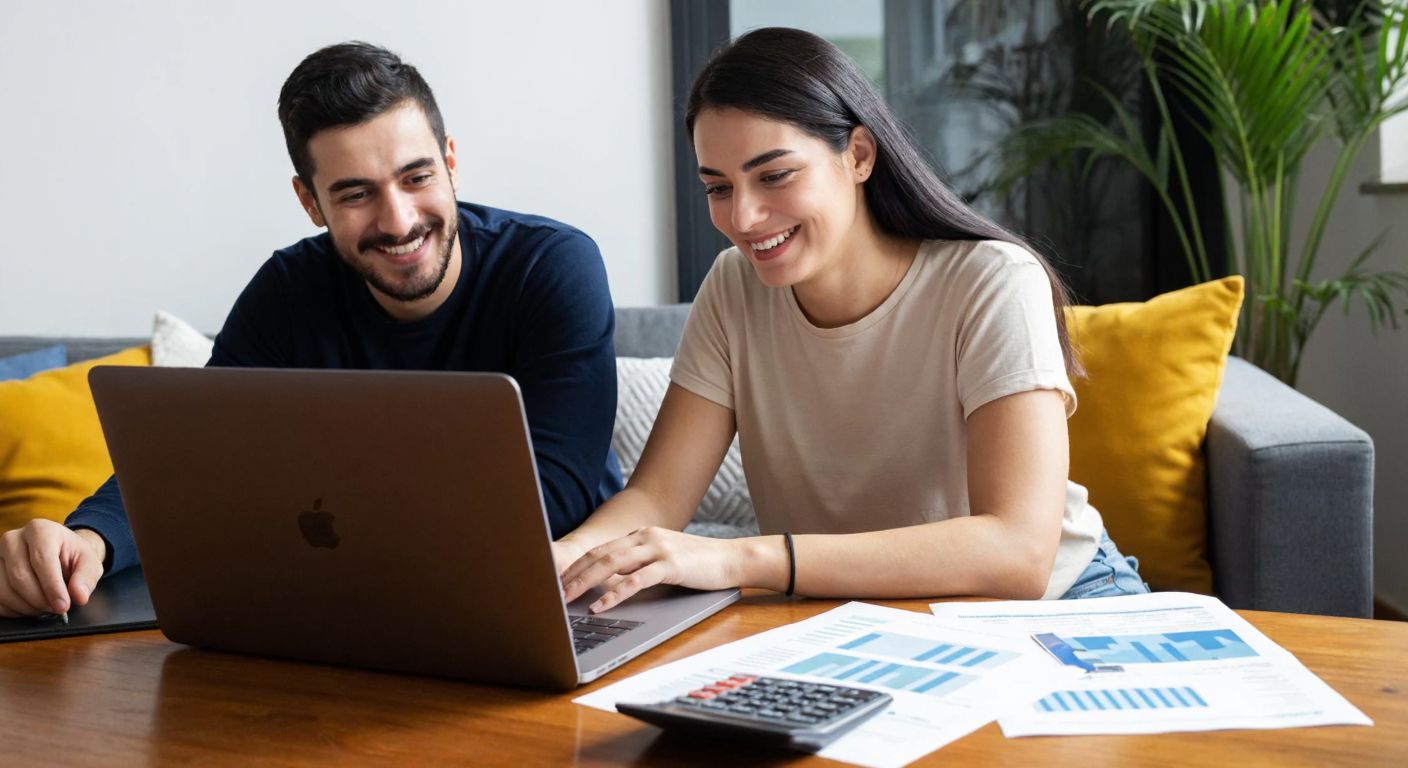 A young Turkish couple in a cozy home setting, smiling while browsing financial websites on a laptop, with a calculator and documents spread on the table beside them.