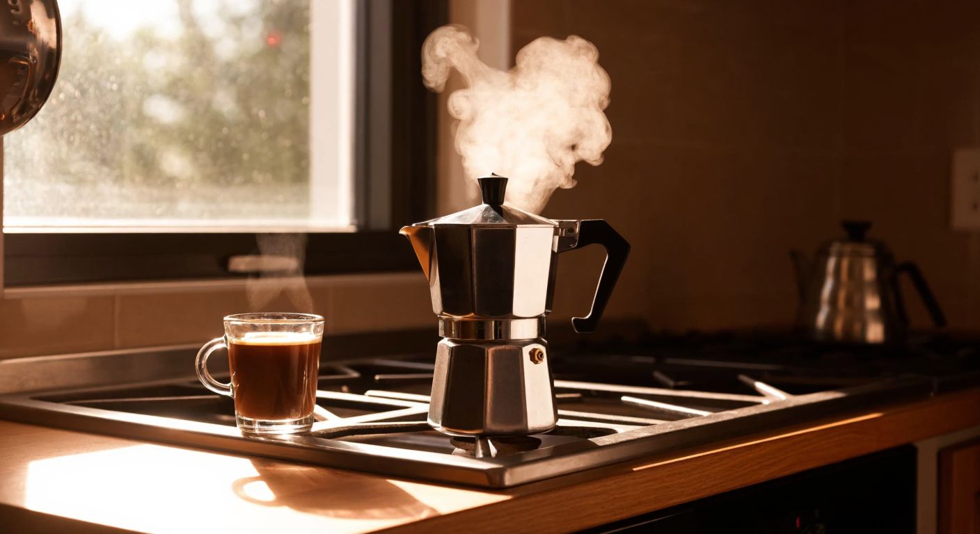 A gleaming stainless steel moka pot sits on a stovetop in a Turkish kitchen, steam rising from its spout, with a small cup of rich coffee beside it, reflecting sunlight through a nearby window.