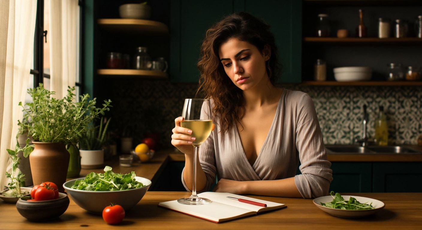 A Turkish woman in a cozy kitchen frowns at a glass of sugary cocktail while holding a healthier glass of white wine, with a bowl of fresh salad and a diet plan notebook nearby.