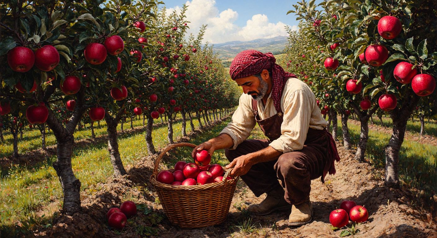 A lush apple orchard in Turkey with rows of Super Chief apple trees heavy with ripe red apples, a farmer in traditional clothing carefully picking fruit into a woven basket.