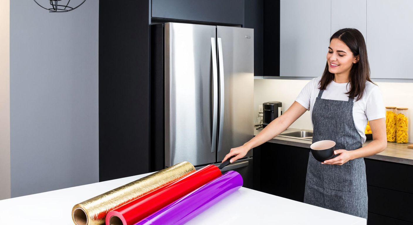 A modern Turkish kitchen with a stainless steel refrigerator being carefully wrapped in a glossy, adhesive foil by a smiling woman wearing an apron, surrounded by rolls of colorful foil and a neatly organized countertop.