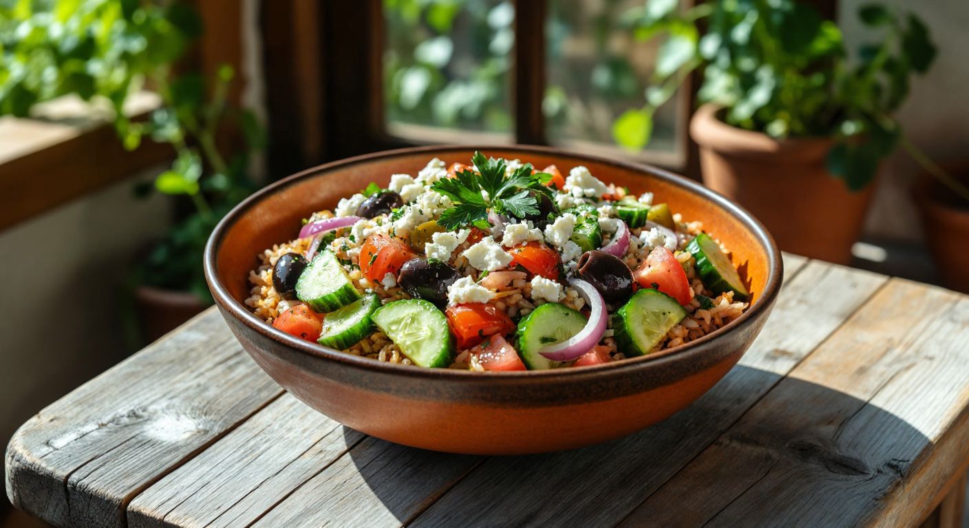 A rustic wooden table in a sunlit Turkish kitchen holds a vibrant bowl of Çingene pilavı, filled with diced tomatoes, cucumbers, onions, green peppers, fresh herbs, crumbled white lor cheese, and black olives, drizzled with golden olive oil and lemon juice.