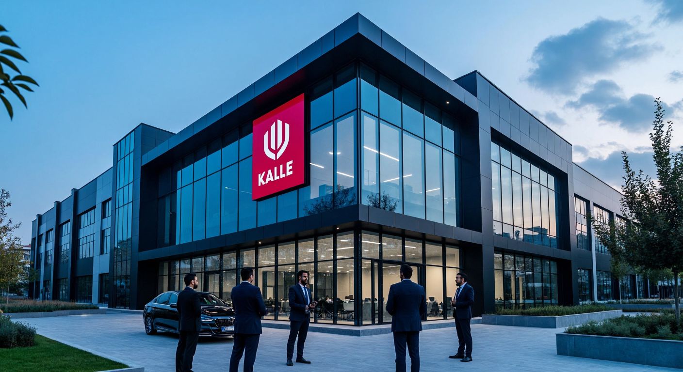 A modern industrial building in Istanbul with the Kale Group logo subtly integrated into its glass facade, surrounded by Turkish businessmen in formal attire discussing business.