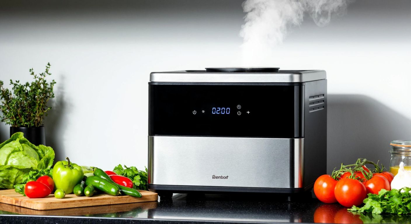 A sleek, modern kitchen appliance with a stainless steel finish sits on a countertop, surrounded by fresh vegetables and herbs, with steam rising from its vent.