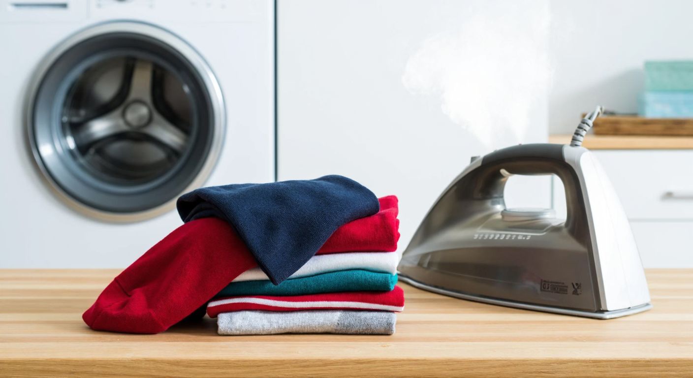 A neatly folded stack of colorful socks on a wooden laundry table, with a washing machine in the background and a gentle steam rising from a warm iron nearby.