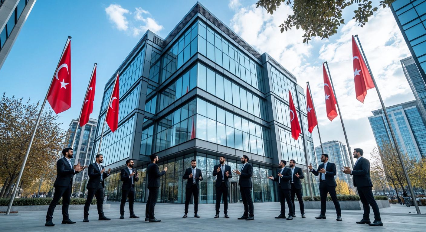 A modern office building in Istanbul with a sleek, glass facade, surrounded by Turkish flags, where business professionals in formal attire discuss digital finance with animated gestures.