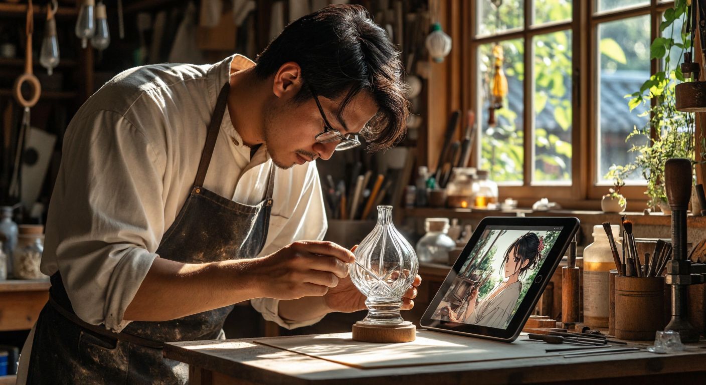 A skilled artisan carefully repairing a delicate glass mold in a sunlit workshop, while a digital tablet nearby displays colorful manga illustrations.
