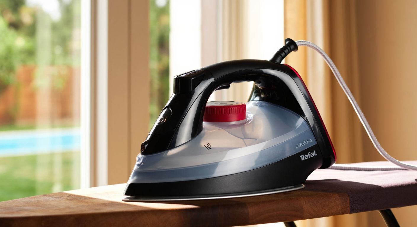 A sleek black and red Tefal steam iron with a transparent water tank filled to its 1.8-liter capacity, placed on a wooden ironing board in a sunlit Turkish home.