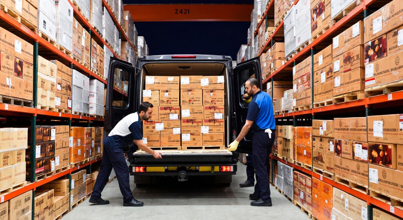 A bustling Turkish warehouse filled with stacked crates of imported wines, champagne, and gourmet food products, with workers in branded uniforms carefully loading a delivery truck.