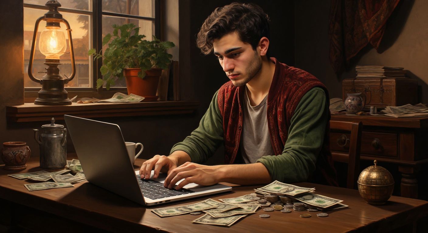 A young Turkish adult sitting at a modest wooden desk, intently clicking on a laptop with a hopeful expression, while a small pile of coins and a few dollar bills are scattered nearby.