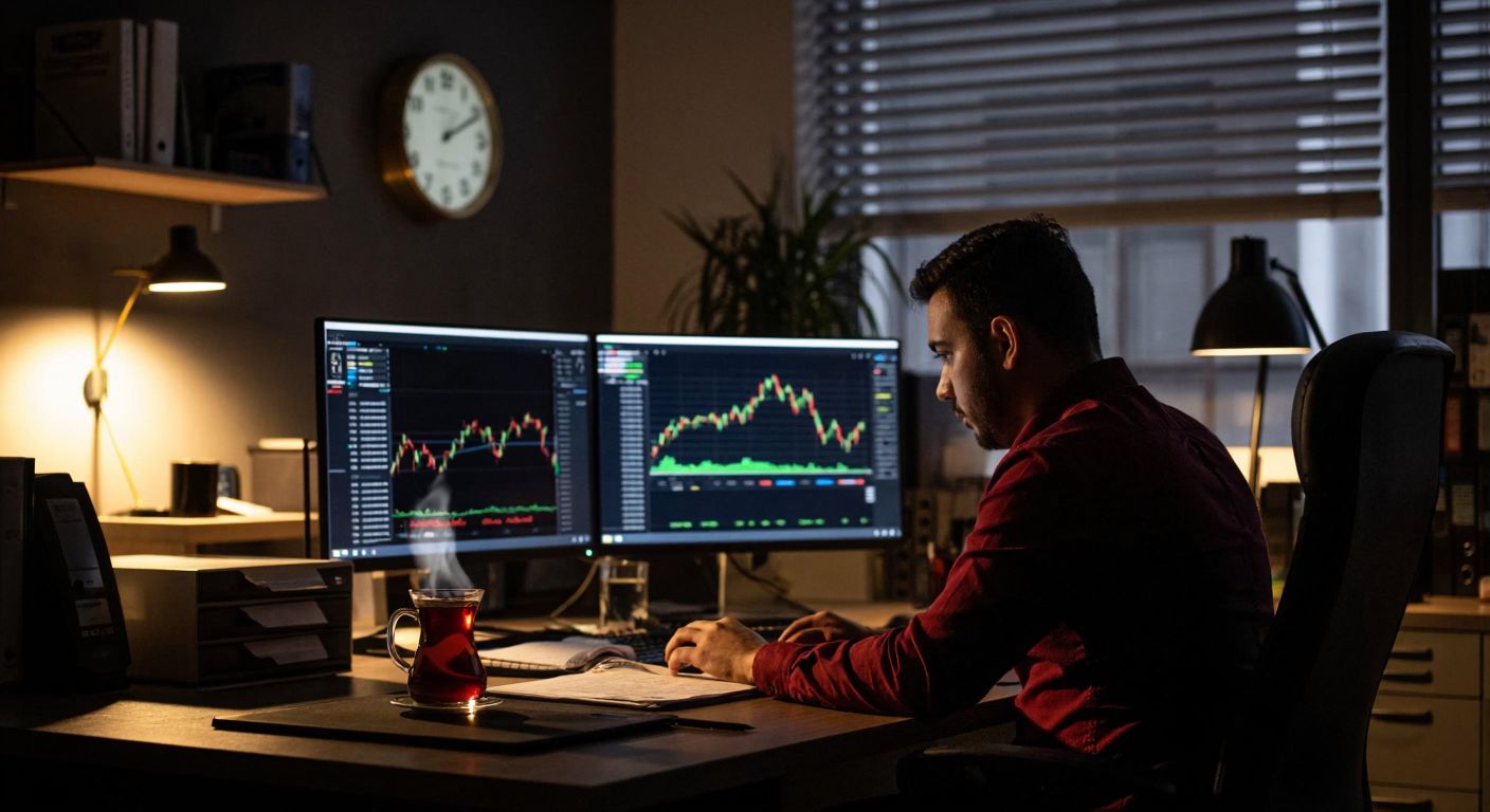 A dimly lit office in Istanbul with a focused trader checking stock charts on a monitor, a steaming cup of Turkish tea on the desk, and a clock showing evening hours.