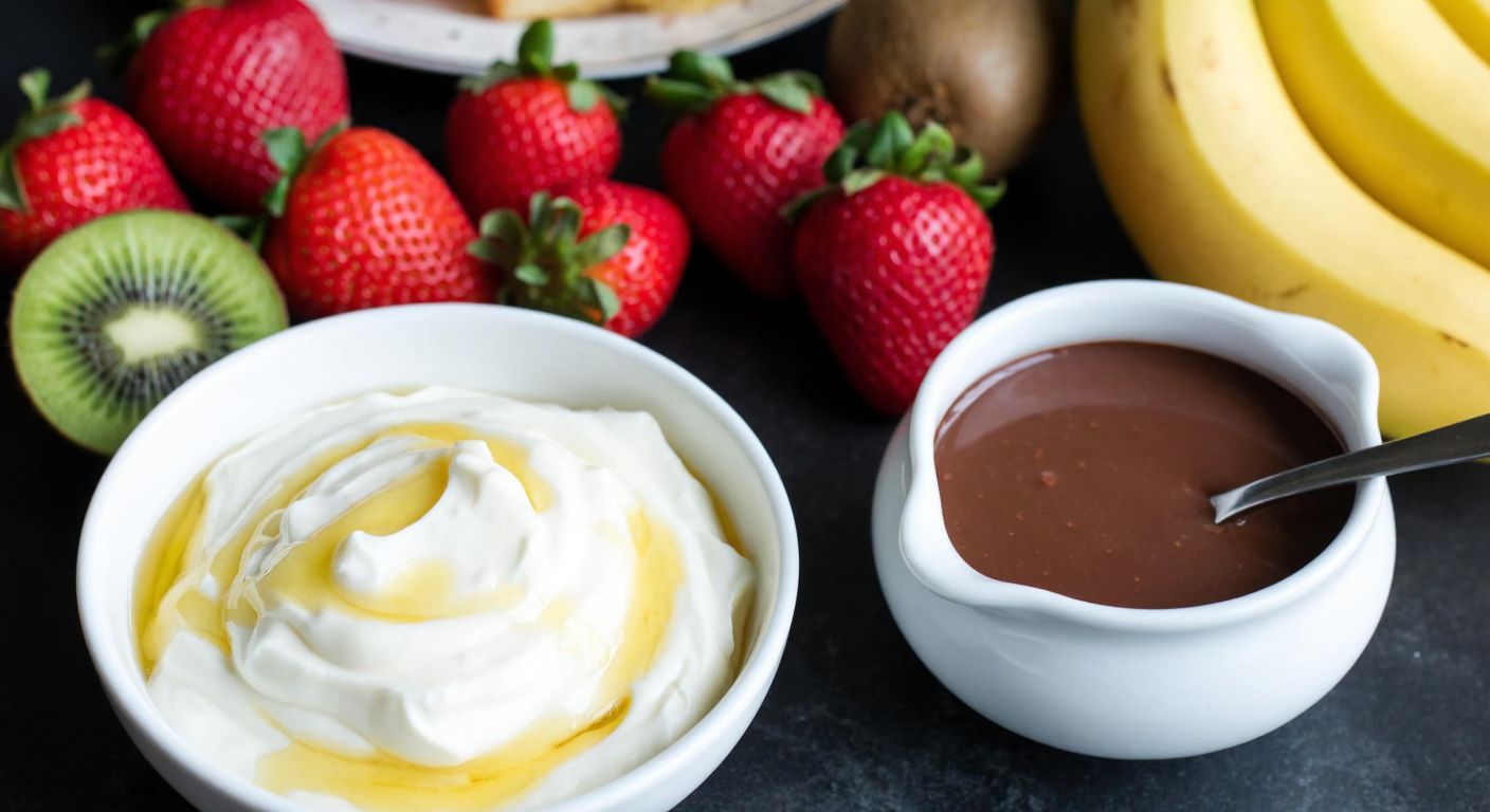 A vibrant Turkish kitchen countertop with fresh strawberries, kiwis, and bananas next to a bowl of creamy white mascarpone cheese drizzled with golden honey, and a small pot of warm chocolate sauce with a spoon resting against it.