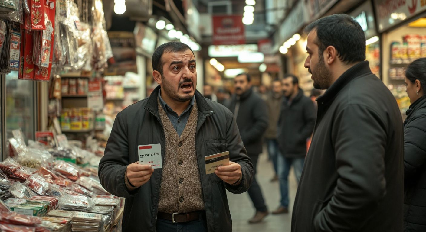 A frustrated Turkish shopkeeper holding a credit card receipt while a customer argues with a bank representative in a bustling Istanbul bazaar.